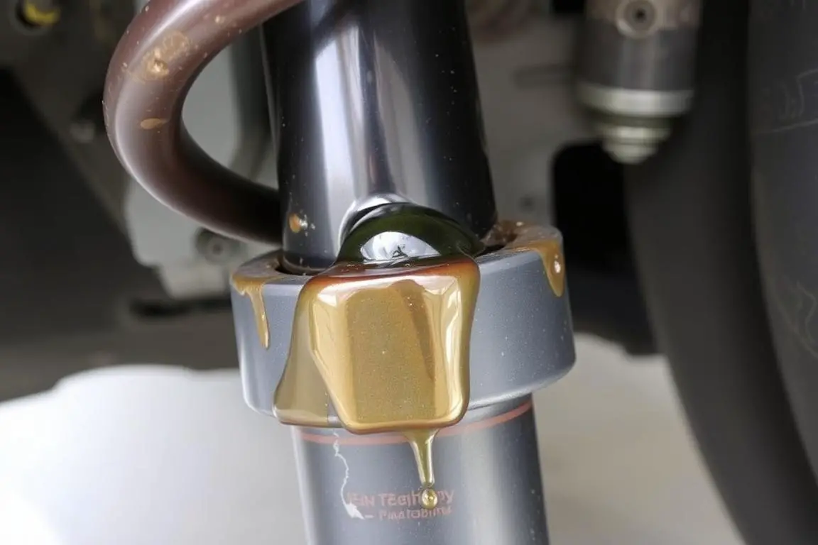Leaking front strut showing oil residue