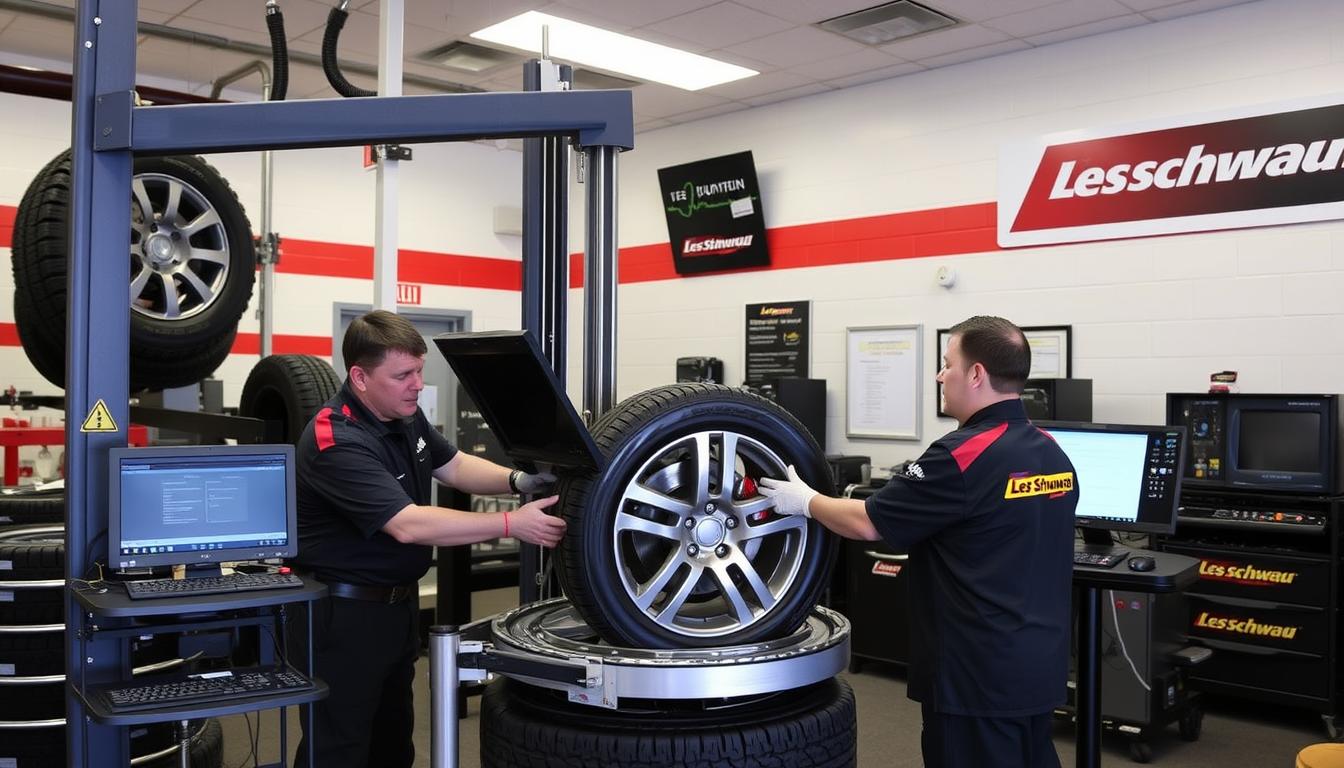 Les Schwab service center with alignment equipment and technicians working on vehicles