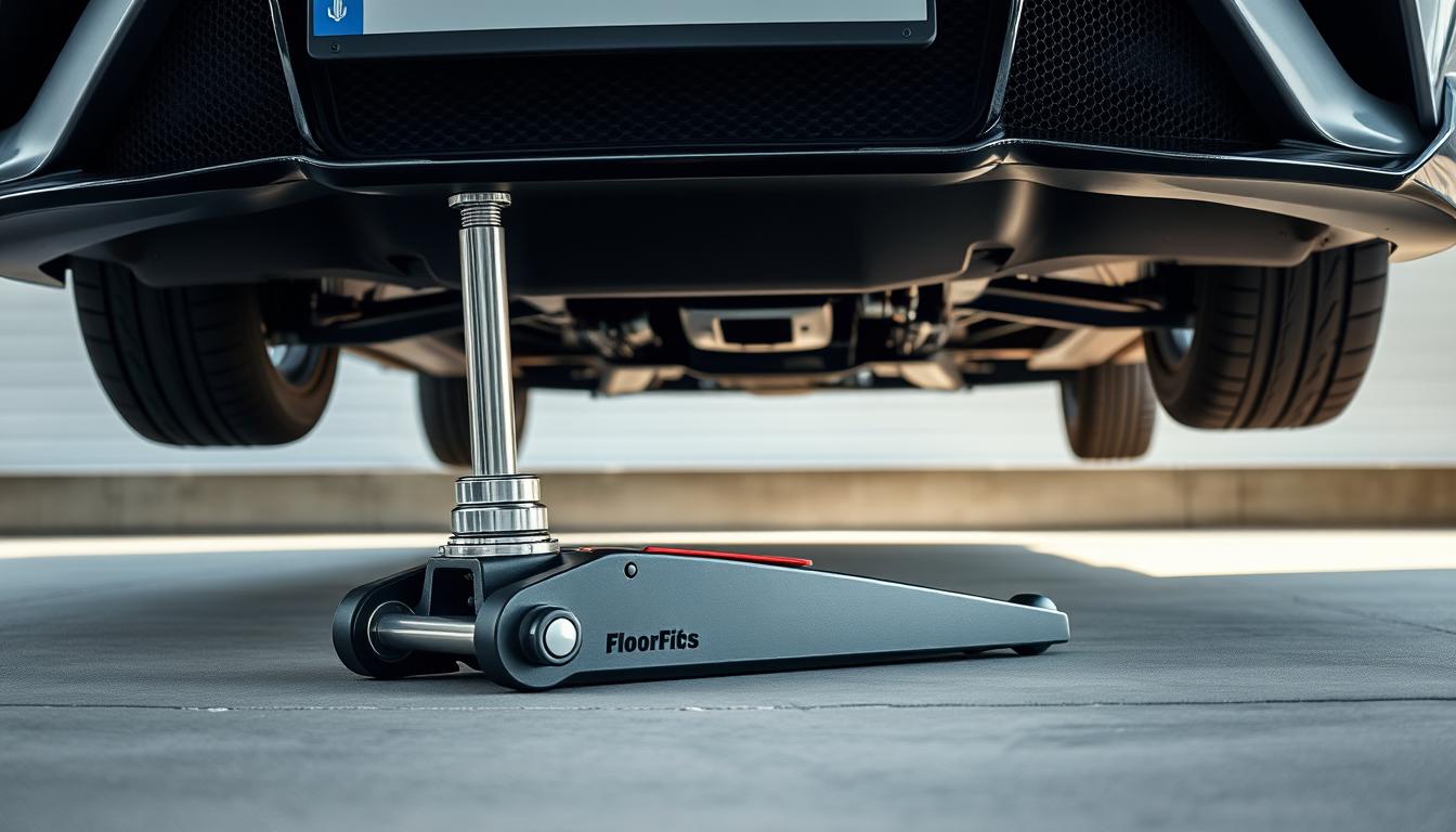 Low profile floor jack being used with a sports car