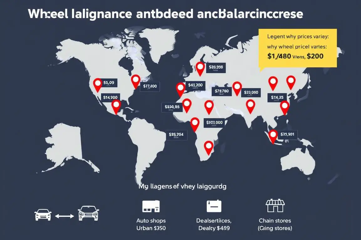 Map showing price variations for wheel alignment and balancing services across different locations