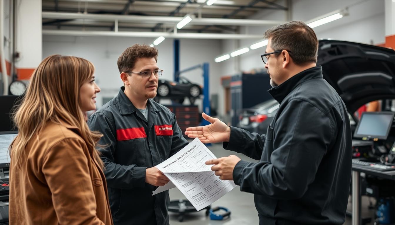 Mechanic answering customer questions about car wheel alignment costs in 2025