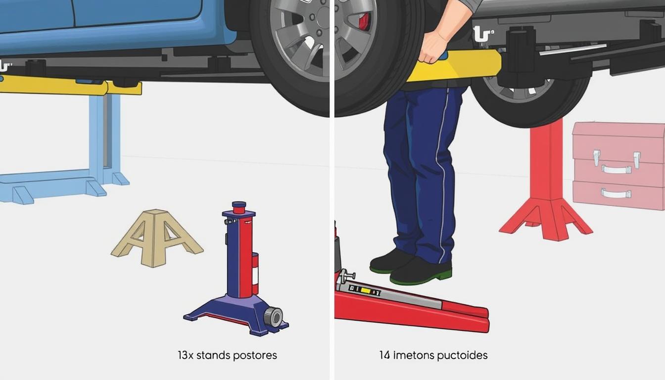 Mechanic demonstrating proper floor jack and jack stand safety procedures Mechanic demonstrating proper floor jack and jack stand safety procedures