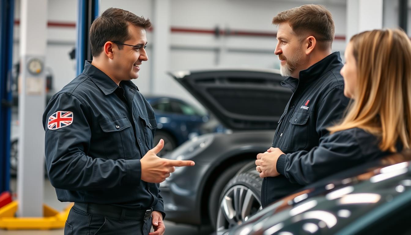 Mechanic explaining alignment cost factors to a customer