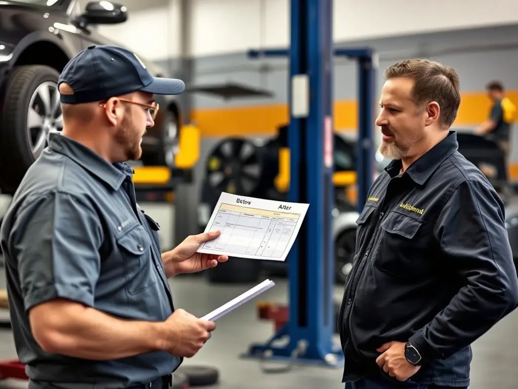 Mechanic explaining alignment process to a customer with alignment report
