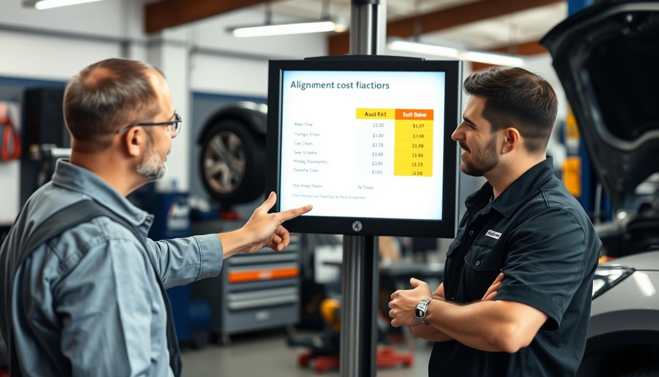 Mechanic explaining car wheel alignment cost factors to a customer in 2025