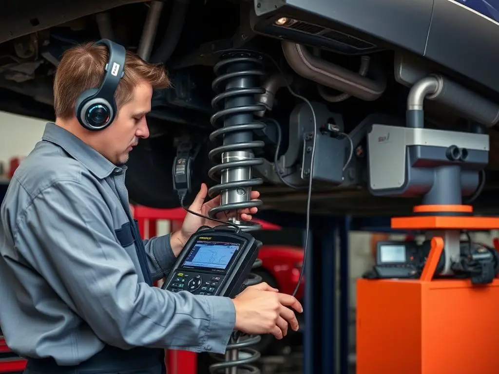 Mechanic inspecting car suspension with diagnostic equipment