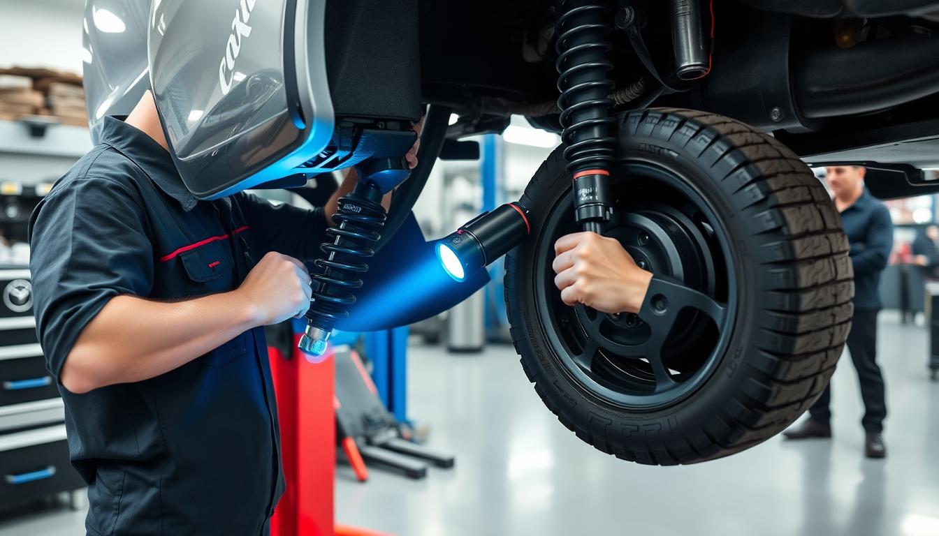 Mechanic inspecting vehicle suspension to determine alignment type needed