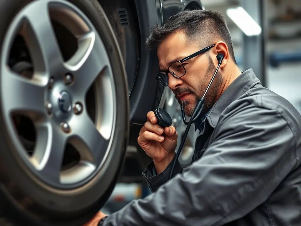 Mechanic listening to car suspension noises during inspection