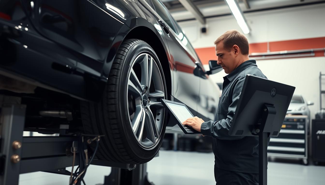 Mechanic performing wheel alignment on a car showing alignment equipment