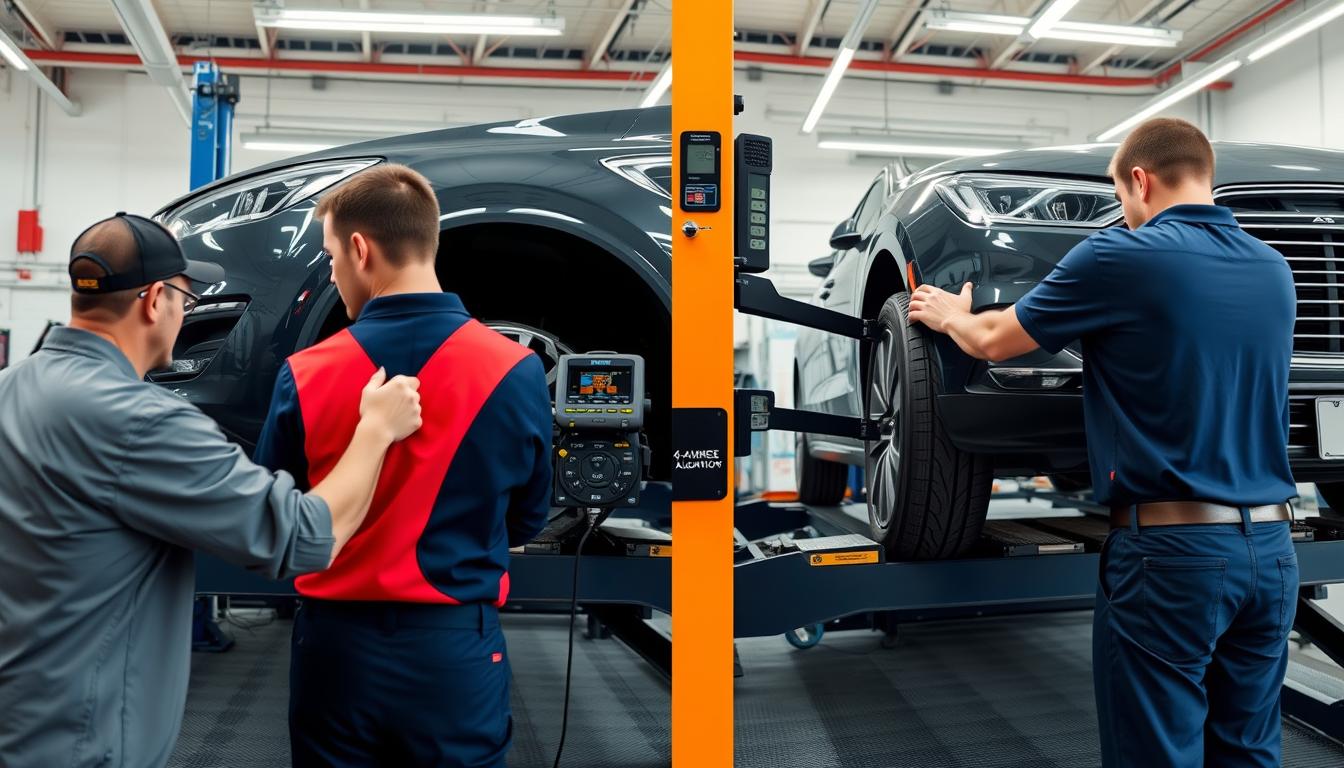 Mechanic performing wheel alignment on a vehicle showing front-end vs 4-wheel alignment
