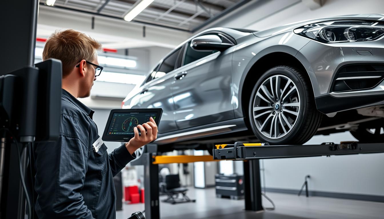 Mechanic performing wheel alignment service with modern equipment