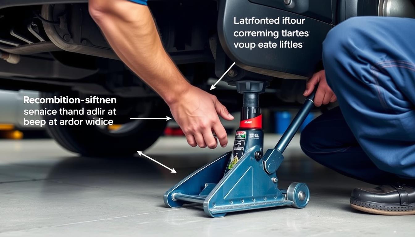 Mechanic using a floor jack to lift a car showing proper technique Mechanic using a floor jack to lift a car showing proper technique
