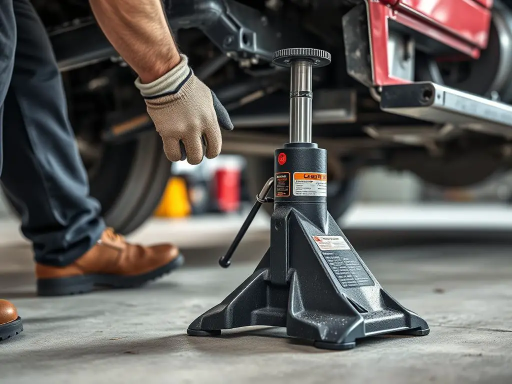 Mechanic using a floor jack to lift a truck showing proper positioning and safety features Mechanic using a floor jack to lift a truck showing proper positioning and safety features
