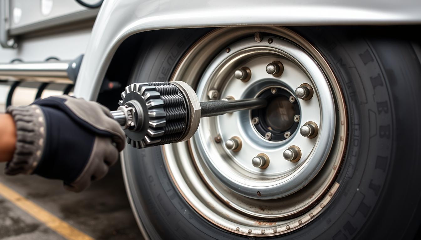Mechanic using a torque multiplier on a semi truck wheel