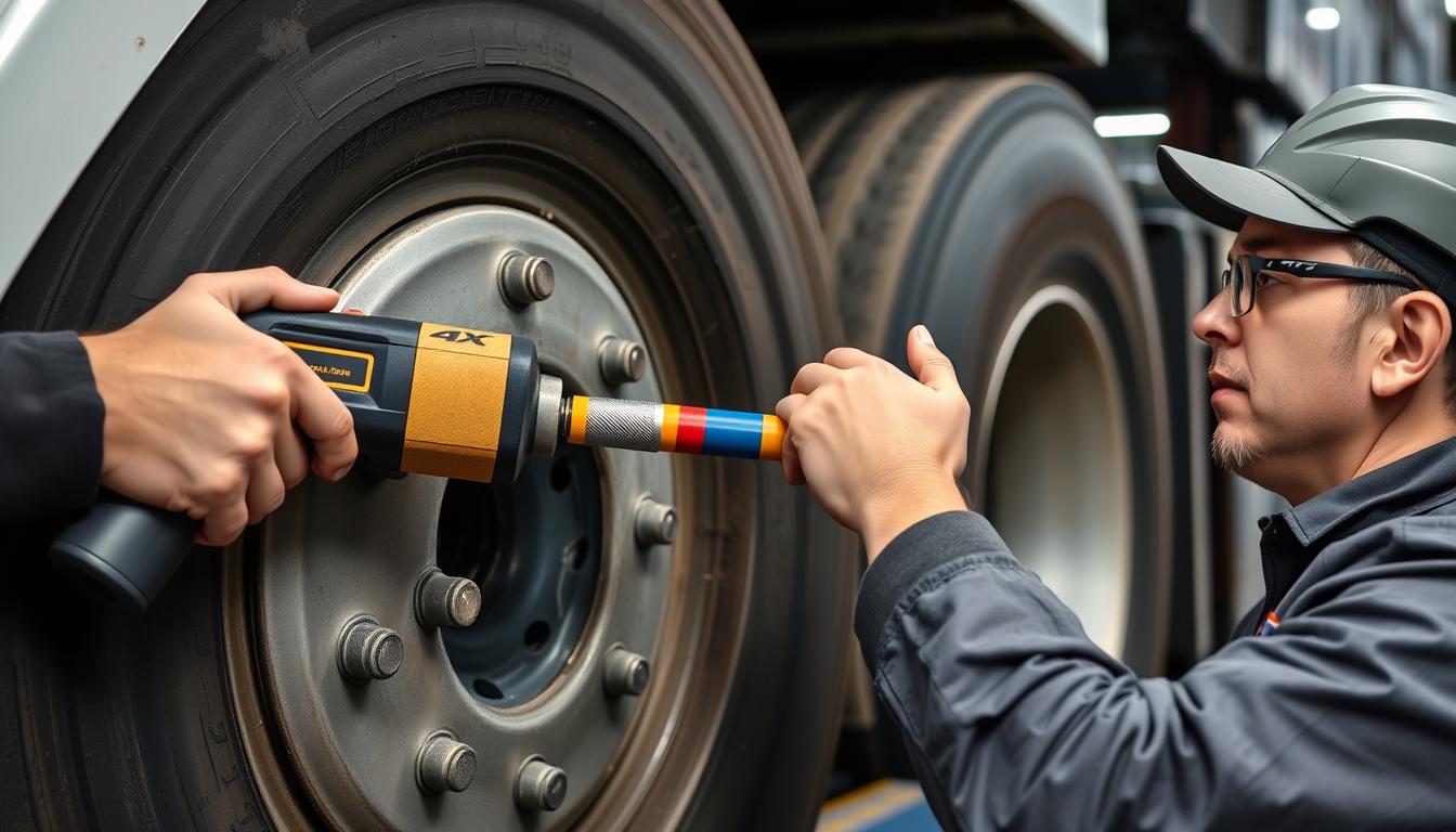 Mechanic using a torque stick with an impact wrench on a semi truck wheel