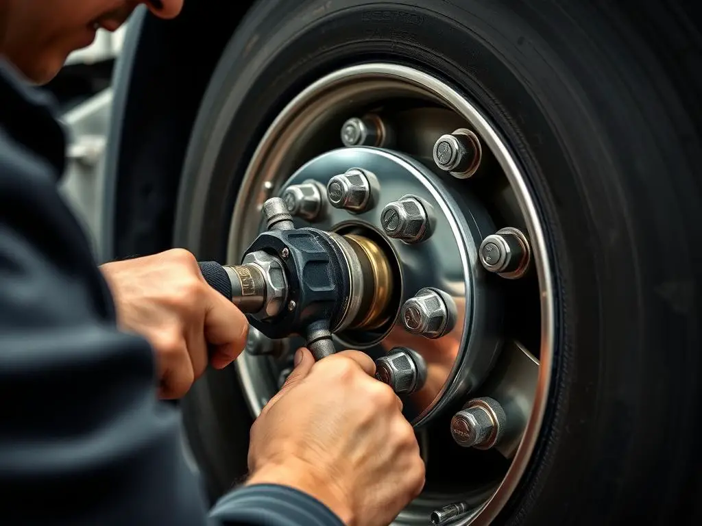 Mechanic using a torque wrench on a semi truck wheel with torque specifications visible