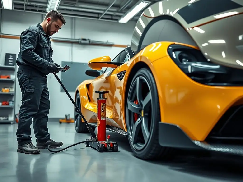 Mechanic using an air jack for car maintenance in a professional garage