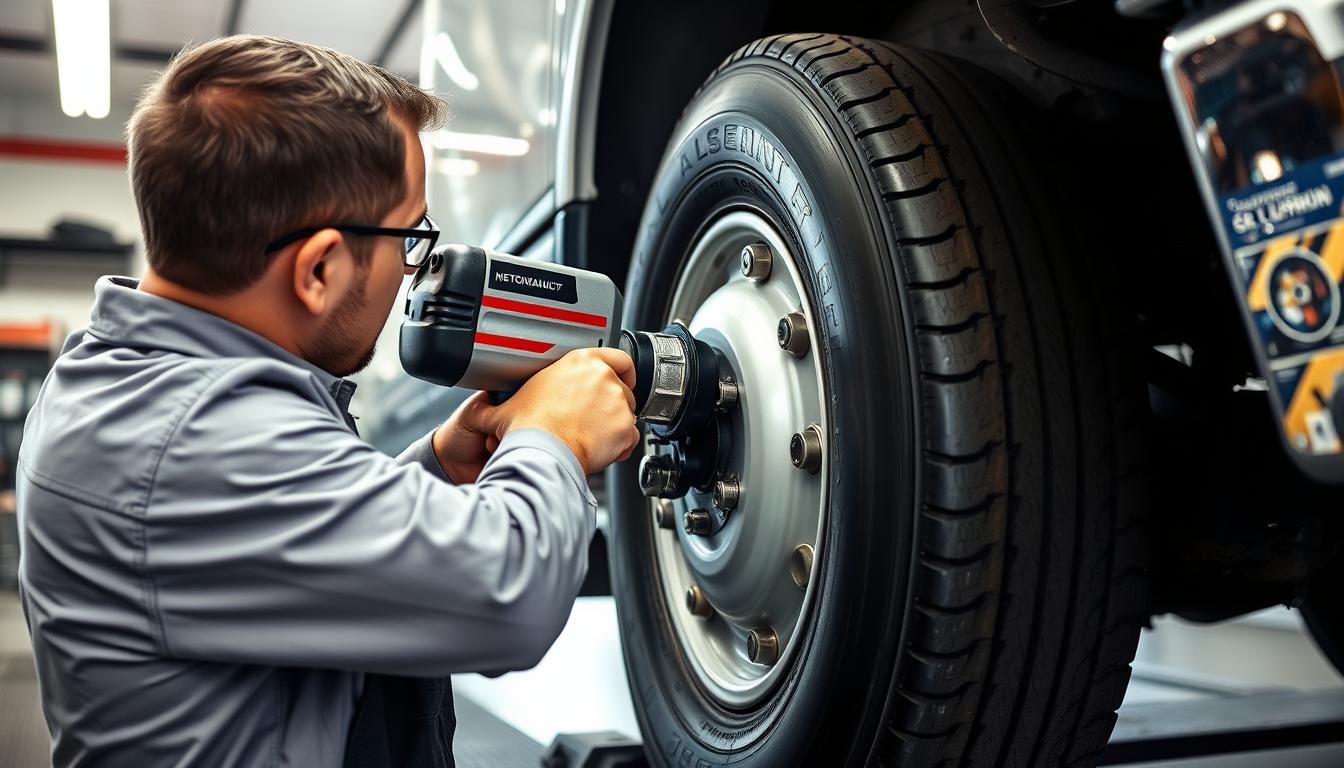 Mechanic using impact wrench with proper technique on truck wheel