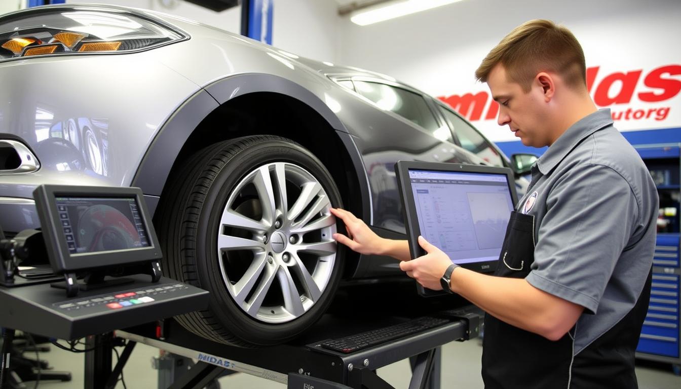 Midas service center with alignment equipment and vehicle being serviced