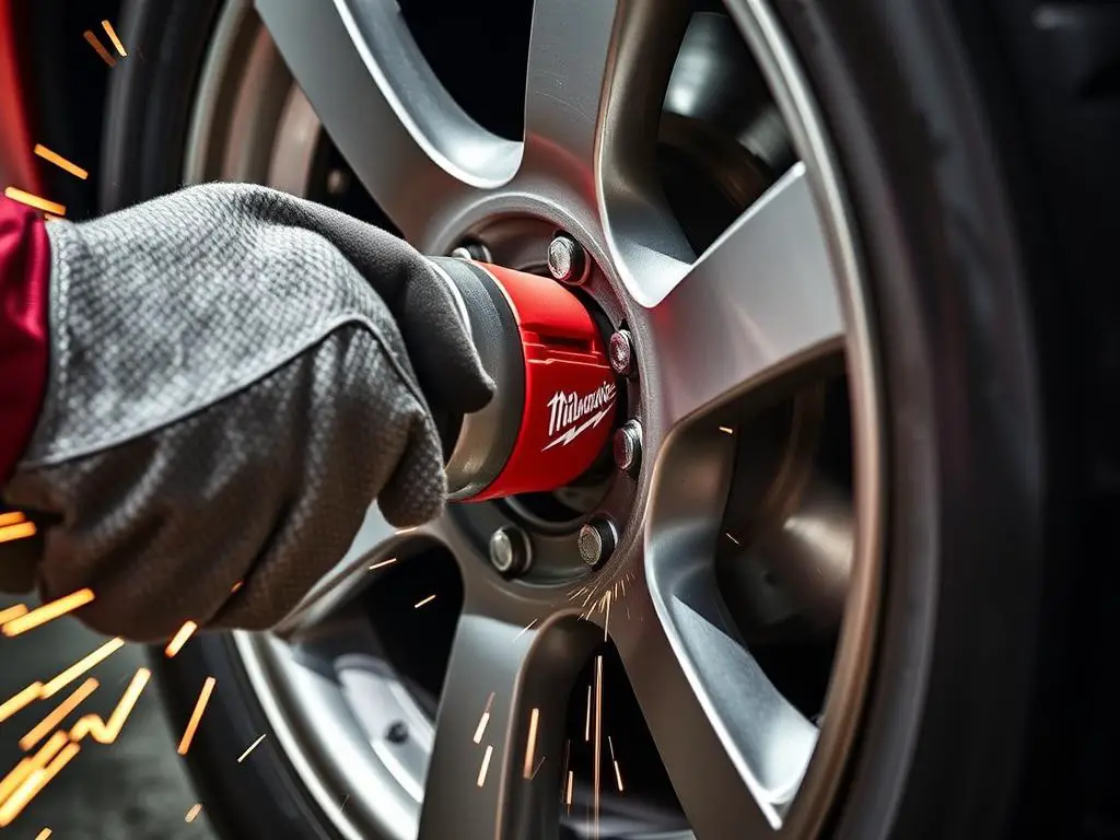 Milwaukee M18 FUEL 1/2-inch High Torque Impact Wrench in use on car wheel