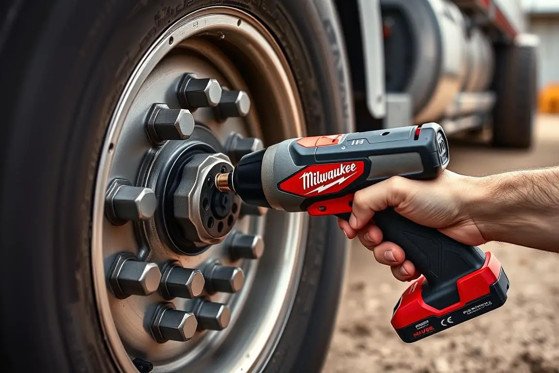 Milwaukee M18 FUEL impact wrench removing truck lug nuts
