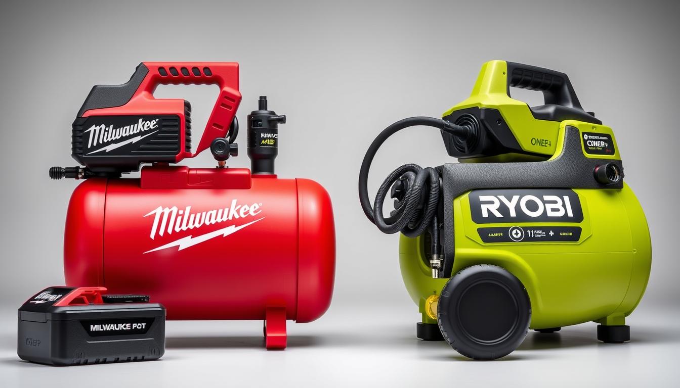Milwaukee M18 and Ryobi ONE+ cordless air compressors side by side
