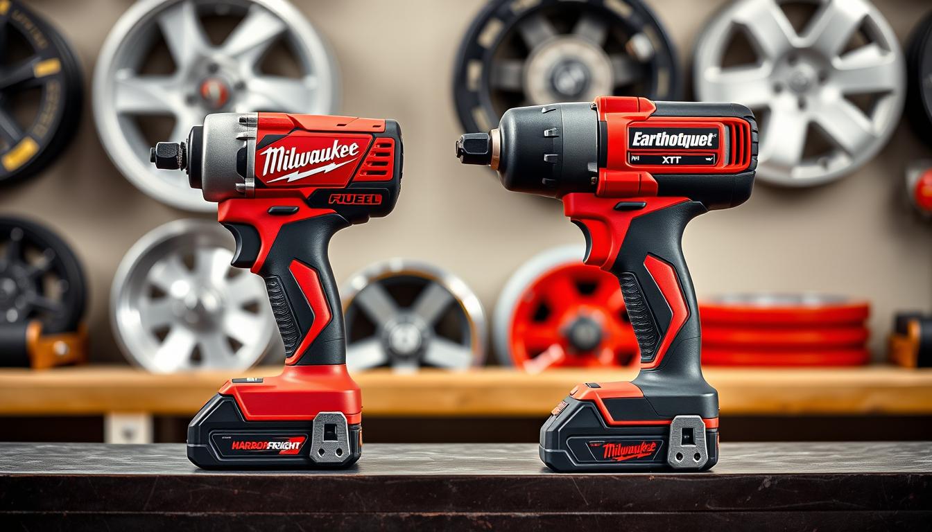 Milwaukee and Harbor Freight impact wrenches side by side for lug nut removal