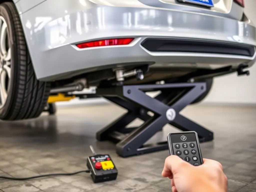 Motorized scissor jack with remote control lifting a sedan