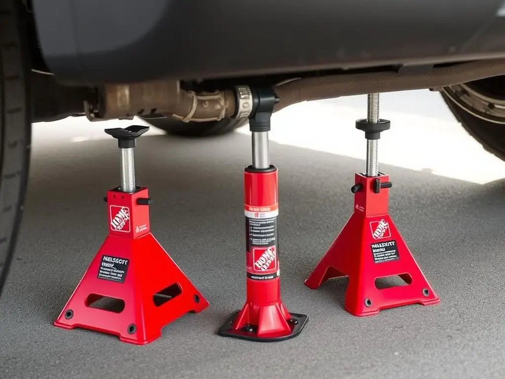 Pair of jack stands from Home Depot positioned under a vehicle frame