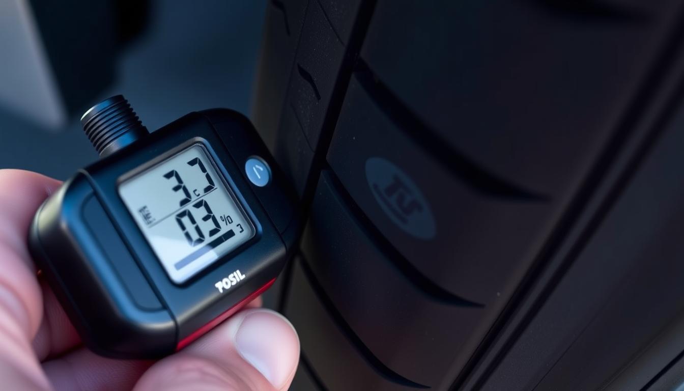 Person checking tire pressure with a digital gauge after using a portable inflator