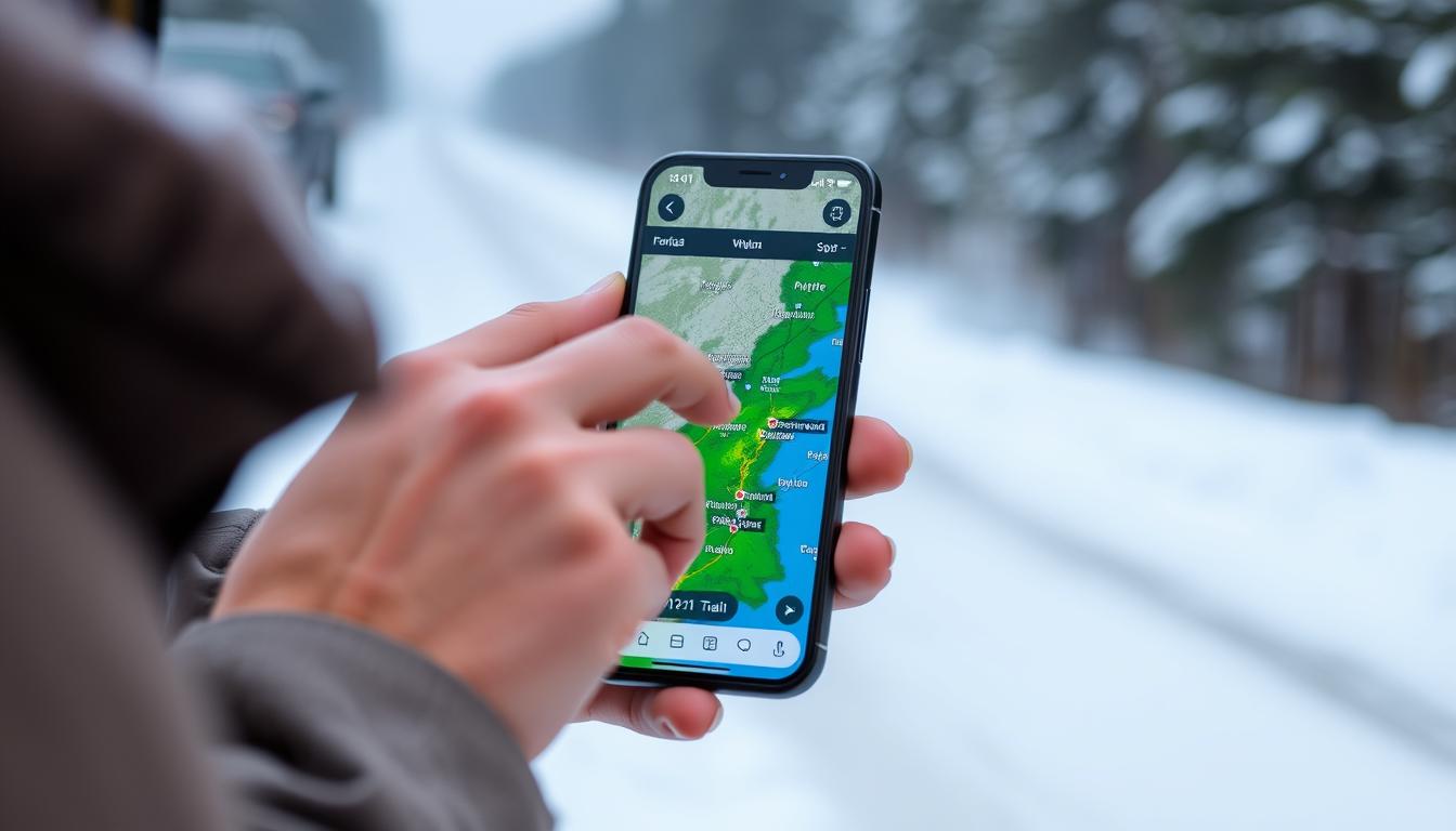 Person checking weather forecast on phone before winter travel
