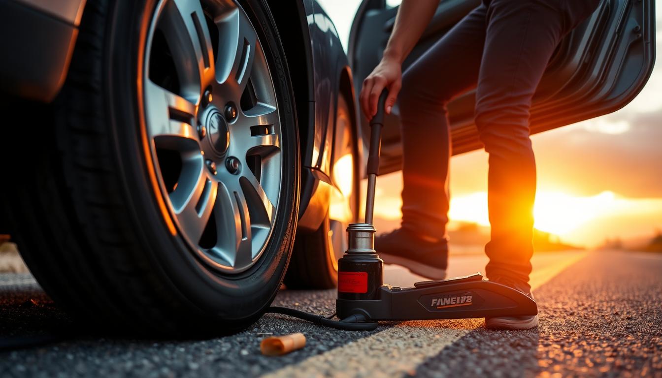 Person easily changing a tire using an electric car jack on a roadside