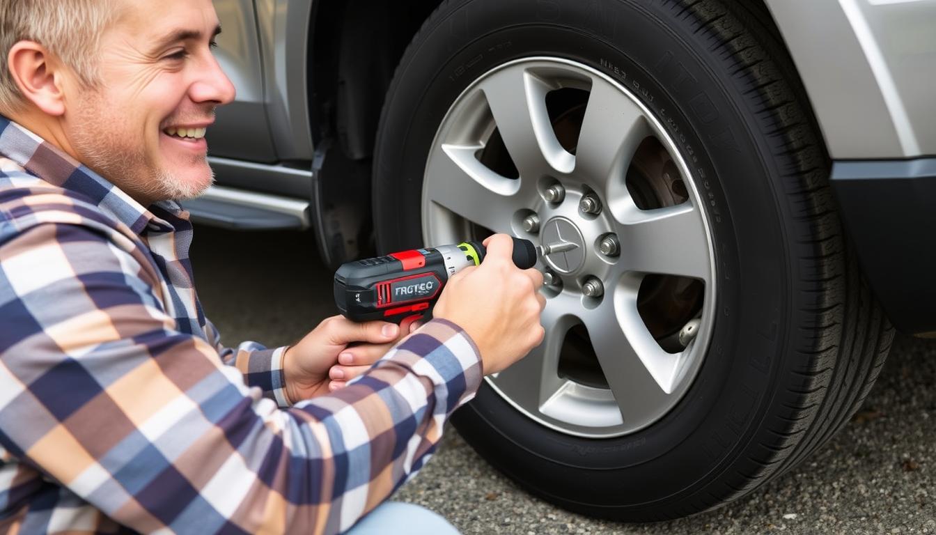 Person easily changing tire with cordless impact wrench