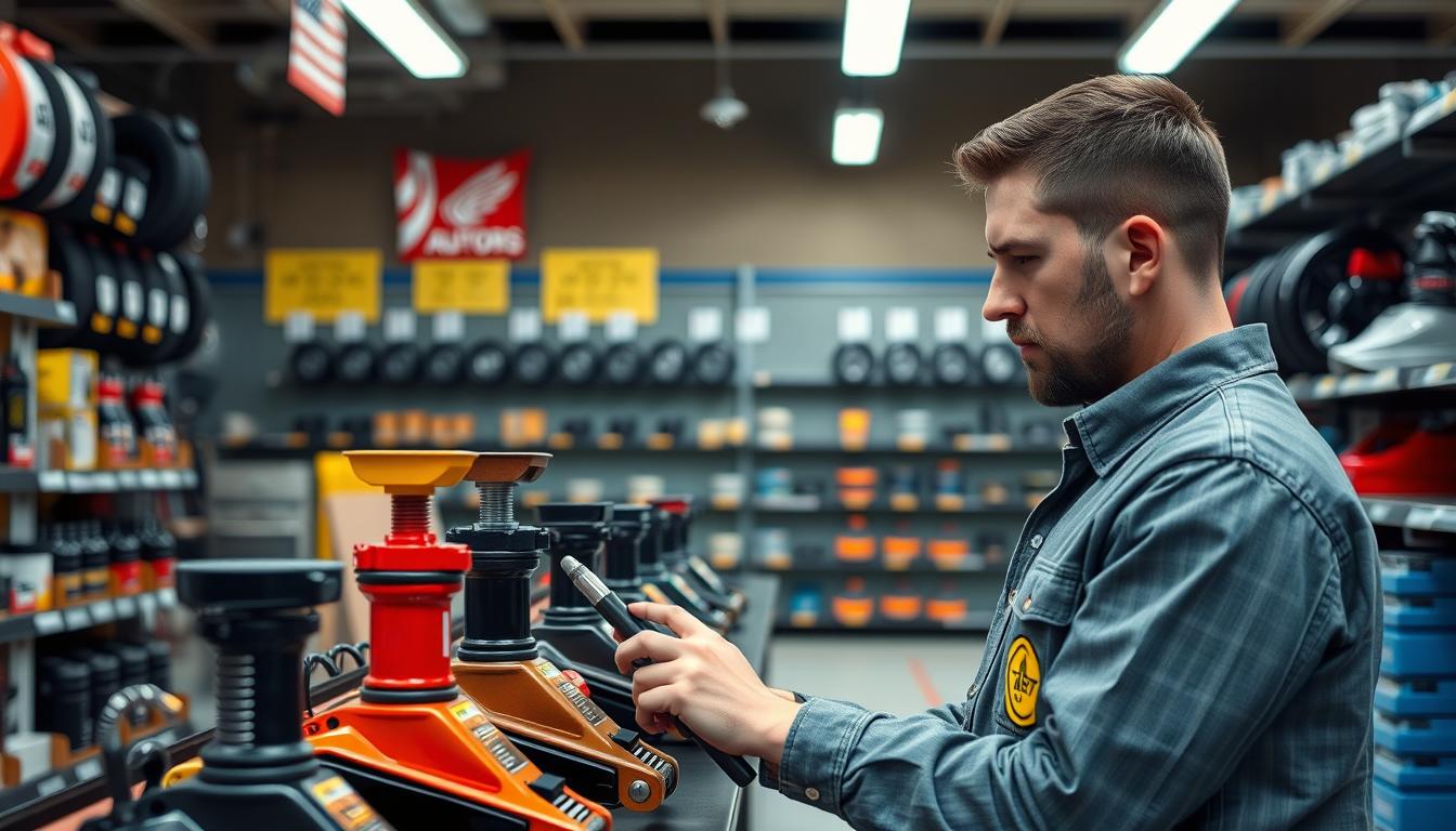 Person examining different car jacks in a store