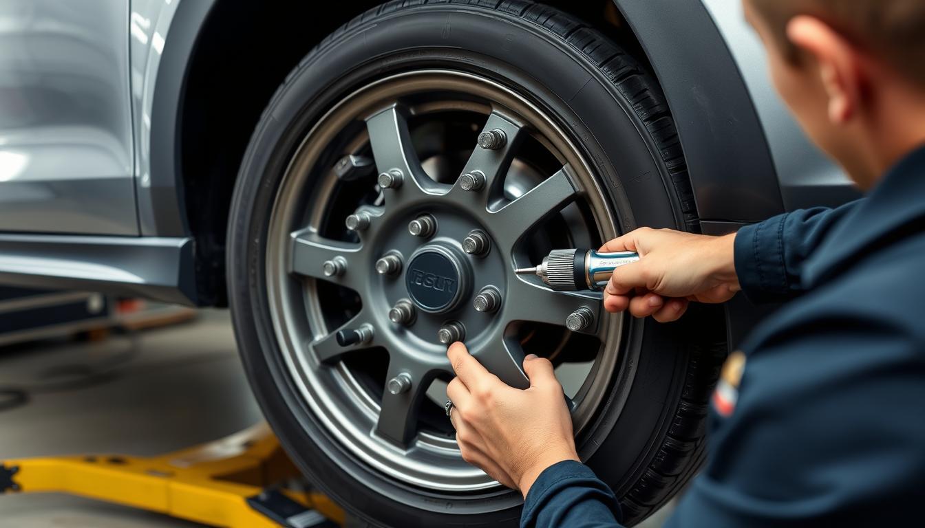Person finishing wheel installation with torque wrench, showing proper maintenance practice