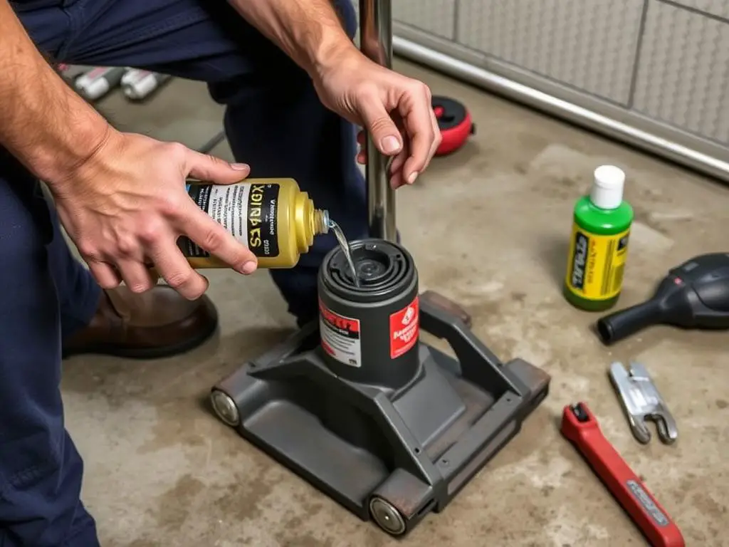 Person performing maintenance on a hydraulic floor jack