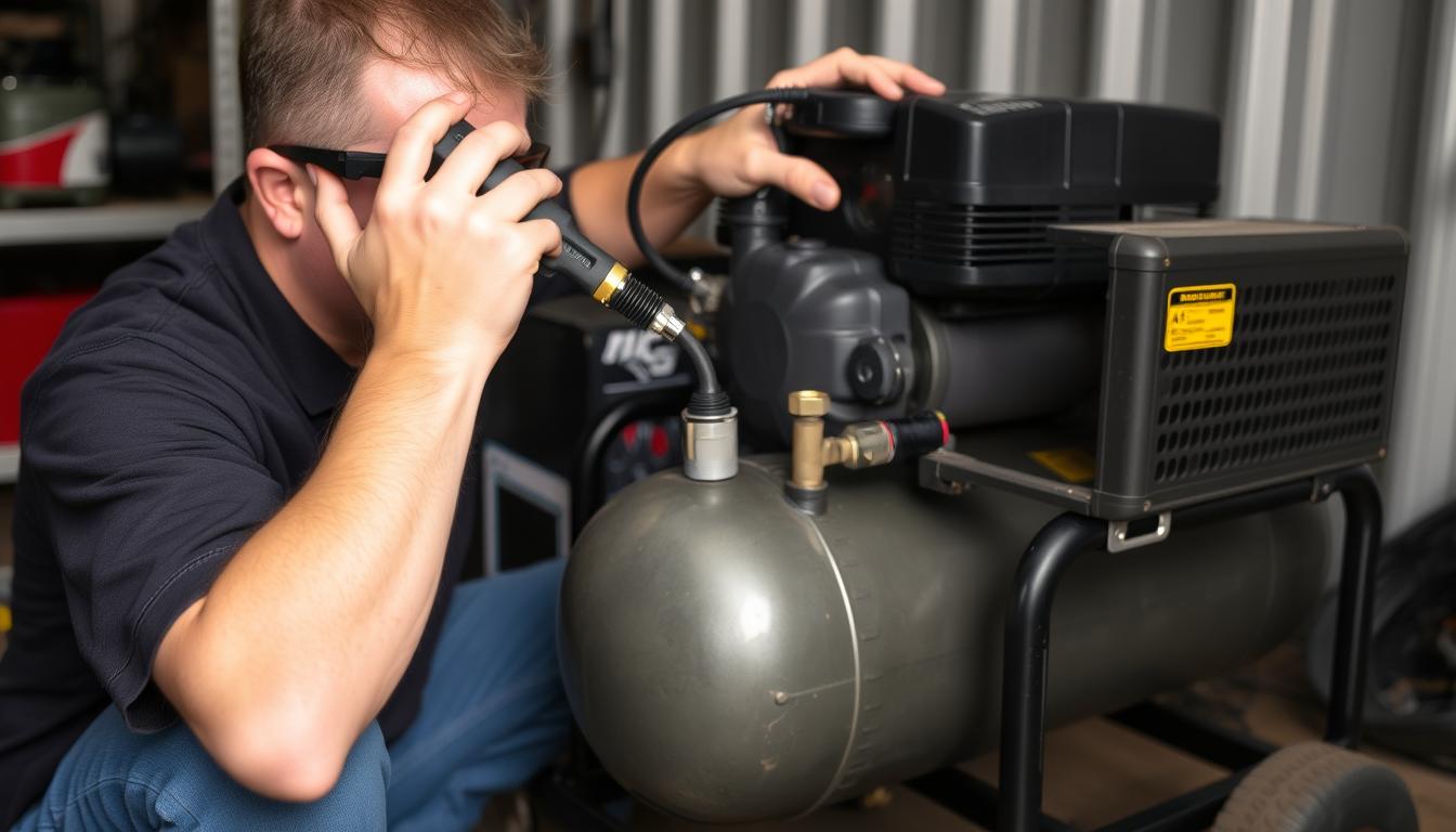 Person performing maintenance on a portable air compressor