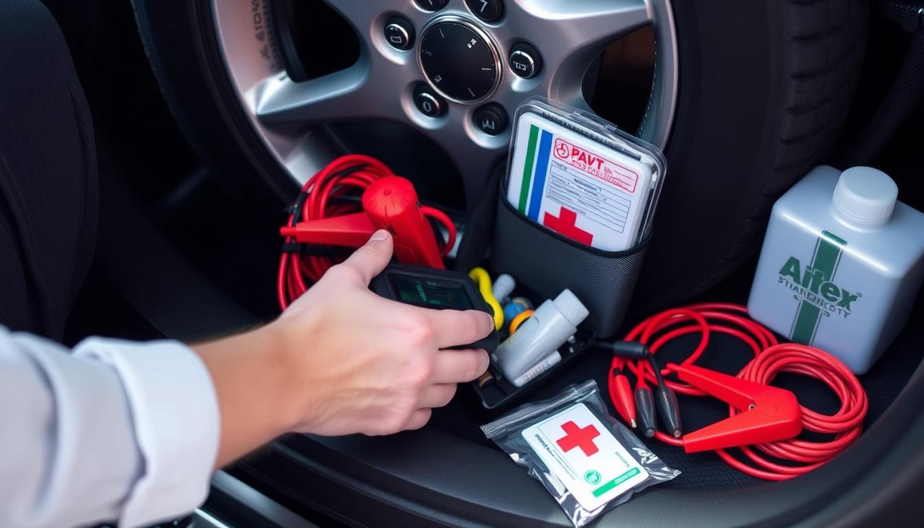 Person placing a portable tire inflator in their car's emergency kit