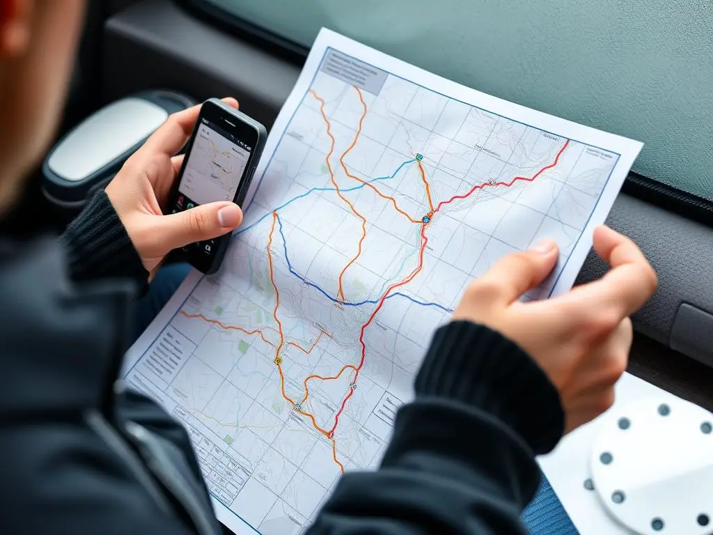 Person planning winter route on GPS with paper map backup