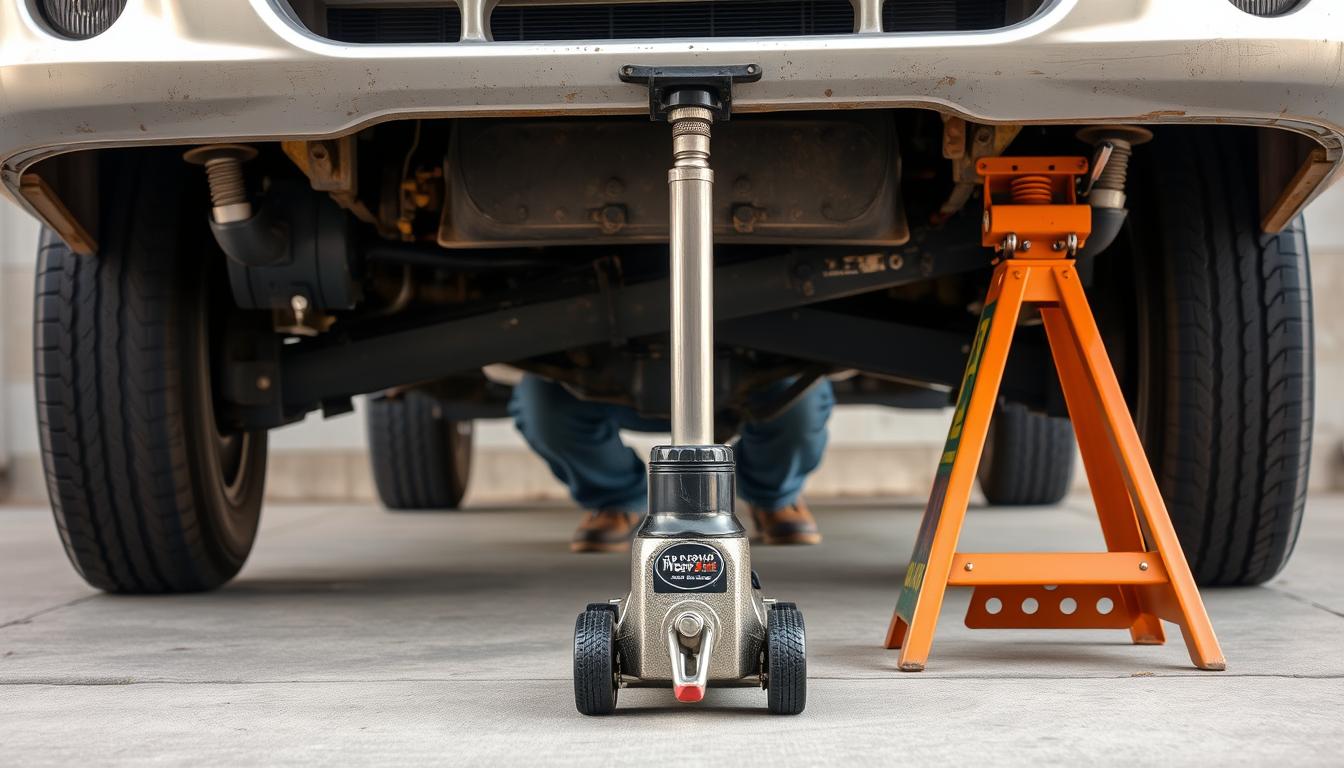Person safely using a car jack with jack stands for added security