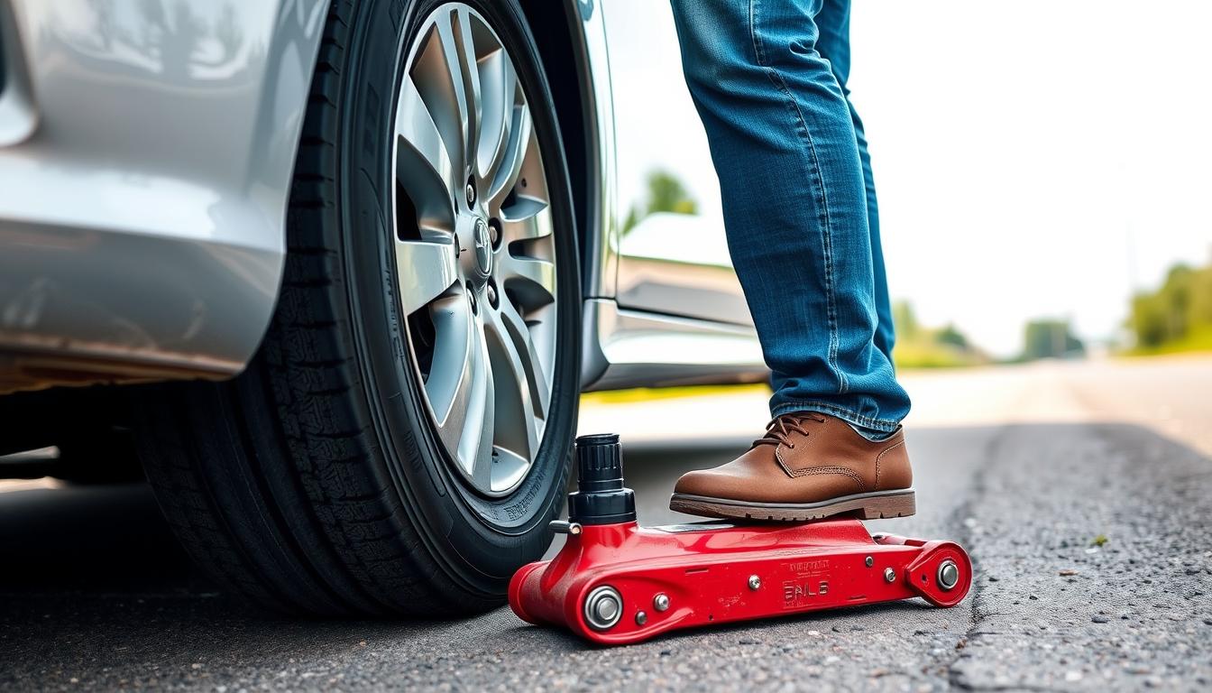 Person using a car jack to change a flat tire on the roadside