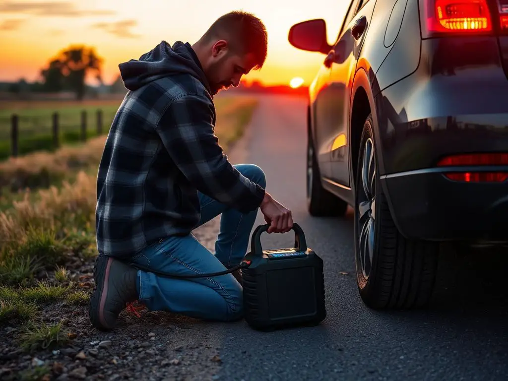 Person using a cordless air compressor to inflate a car tire on the roadside