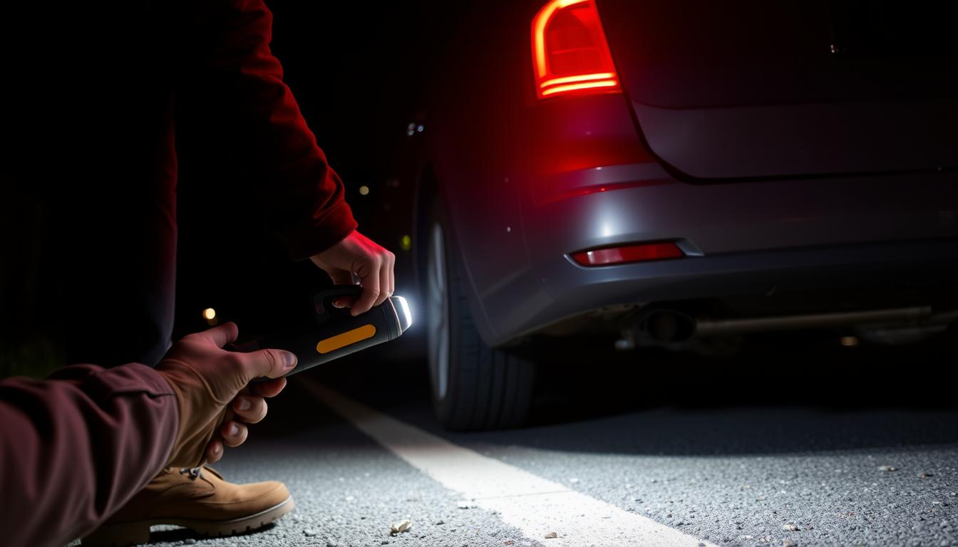 Person using a cordless tire inflator during a roadside emergency at night