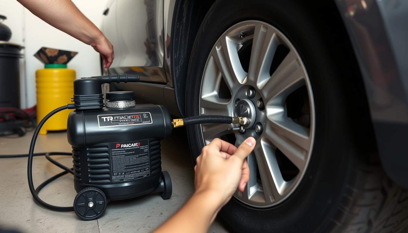 Person using a pancake compressor to inflate car tires in a home garage