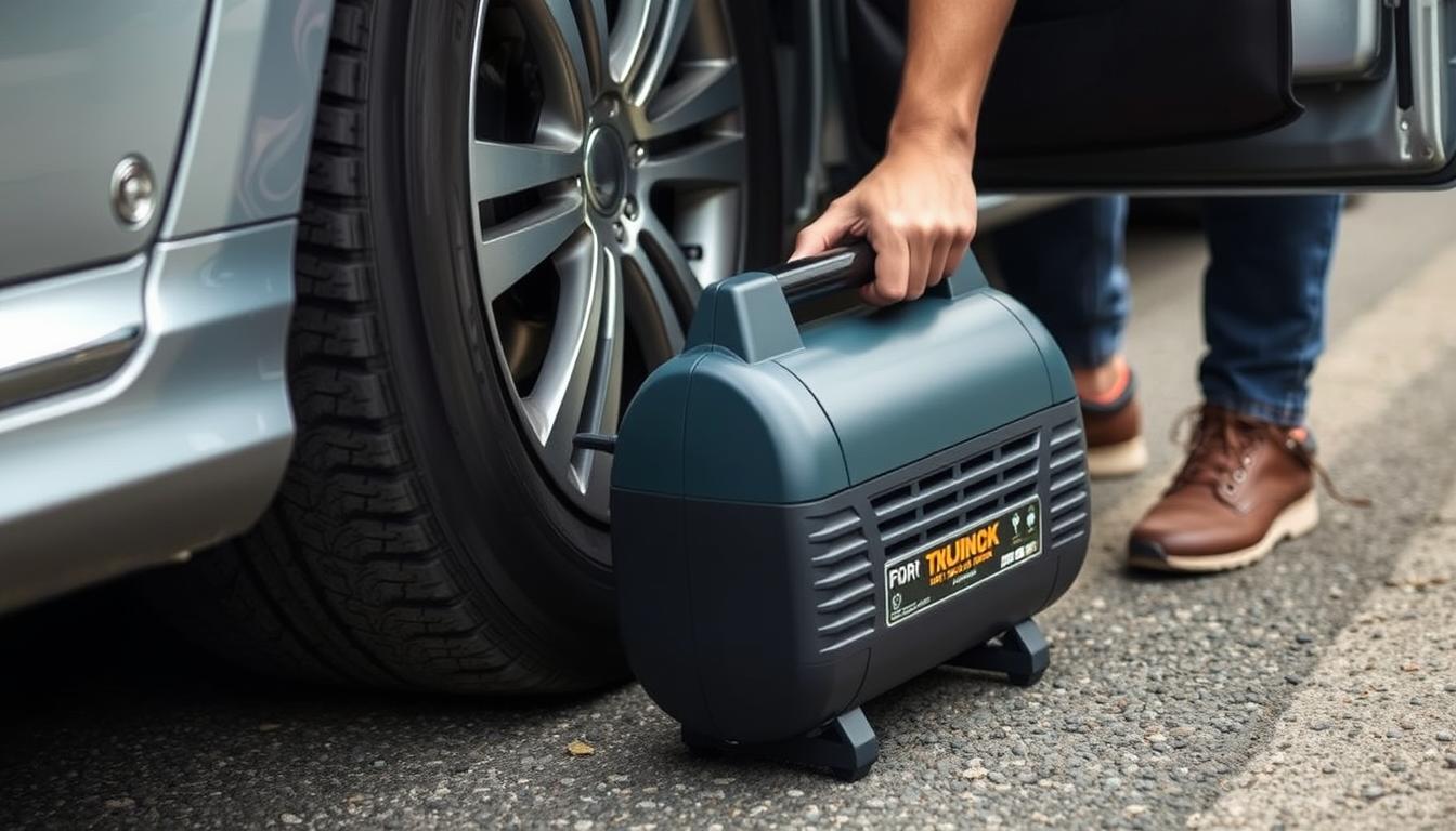 Person using a portable air compressor to inflate a car tire on the road