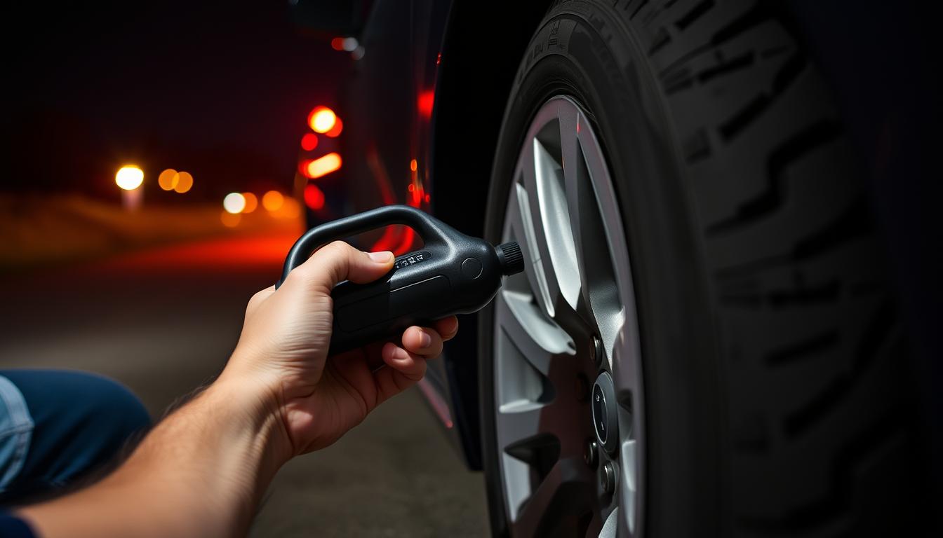 Person using a portable tire inflator on a car tire at night with emergency lights visible