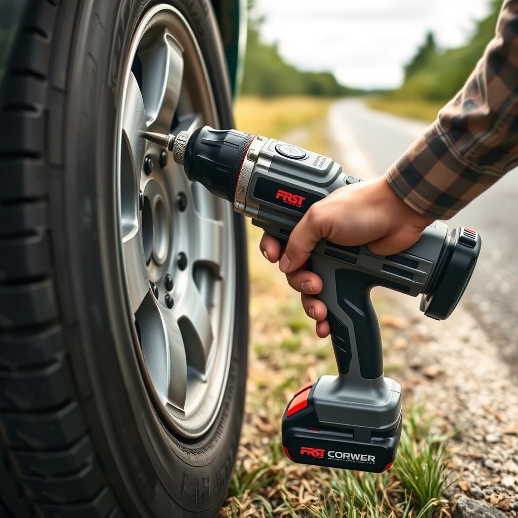 Person using cordless impact wrench on roadside