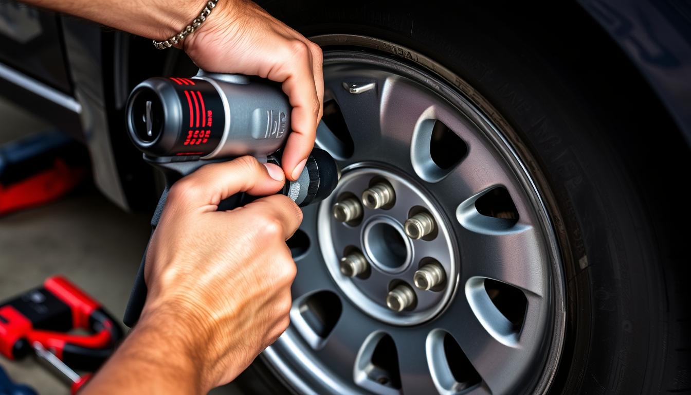 Person using impact wrench on car lug nuts during tire change