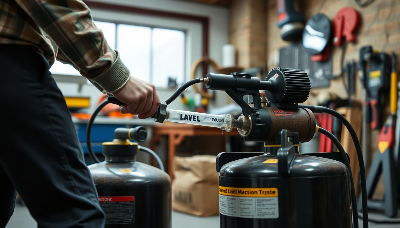 Person using portable air compressor in garage workshop