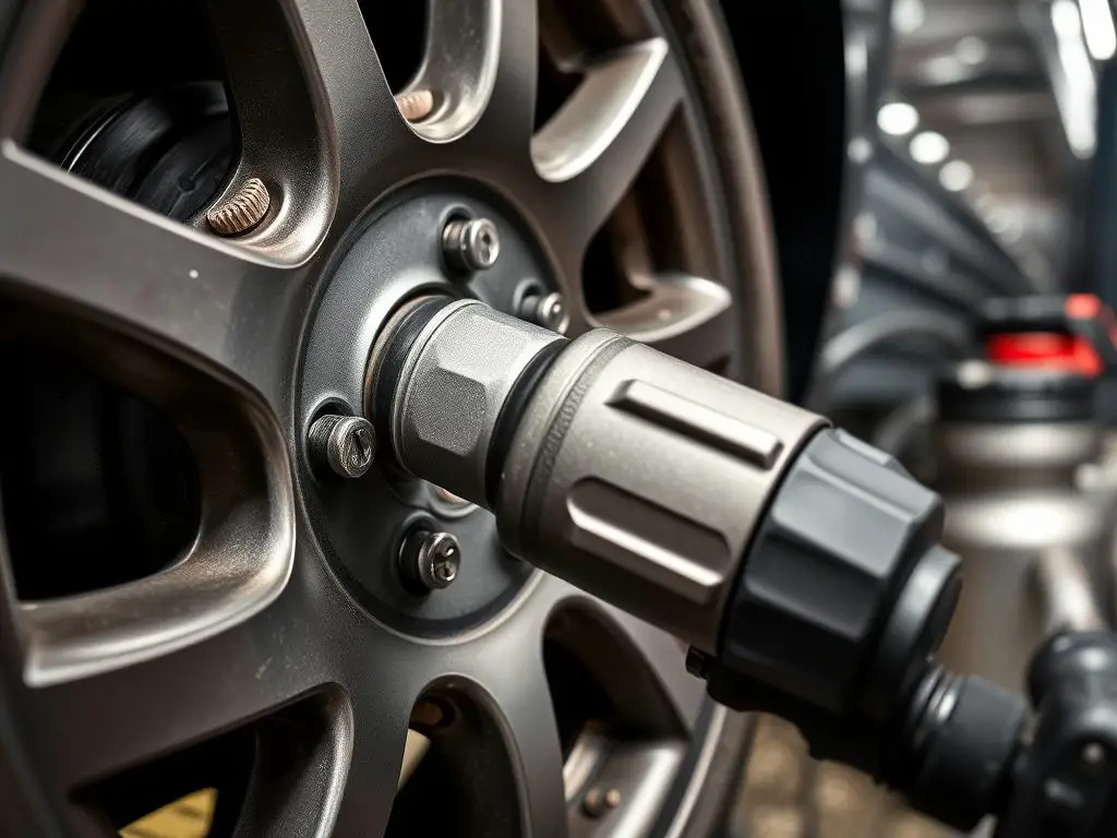 Pneumatic impact wrench connected to air compressor being used on lug nuts Pneumatic impact wrench connected to air compressor being used on lug nuts